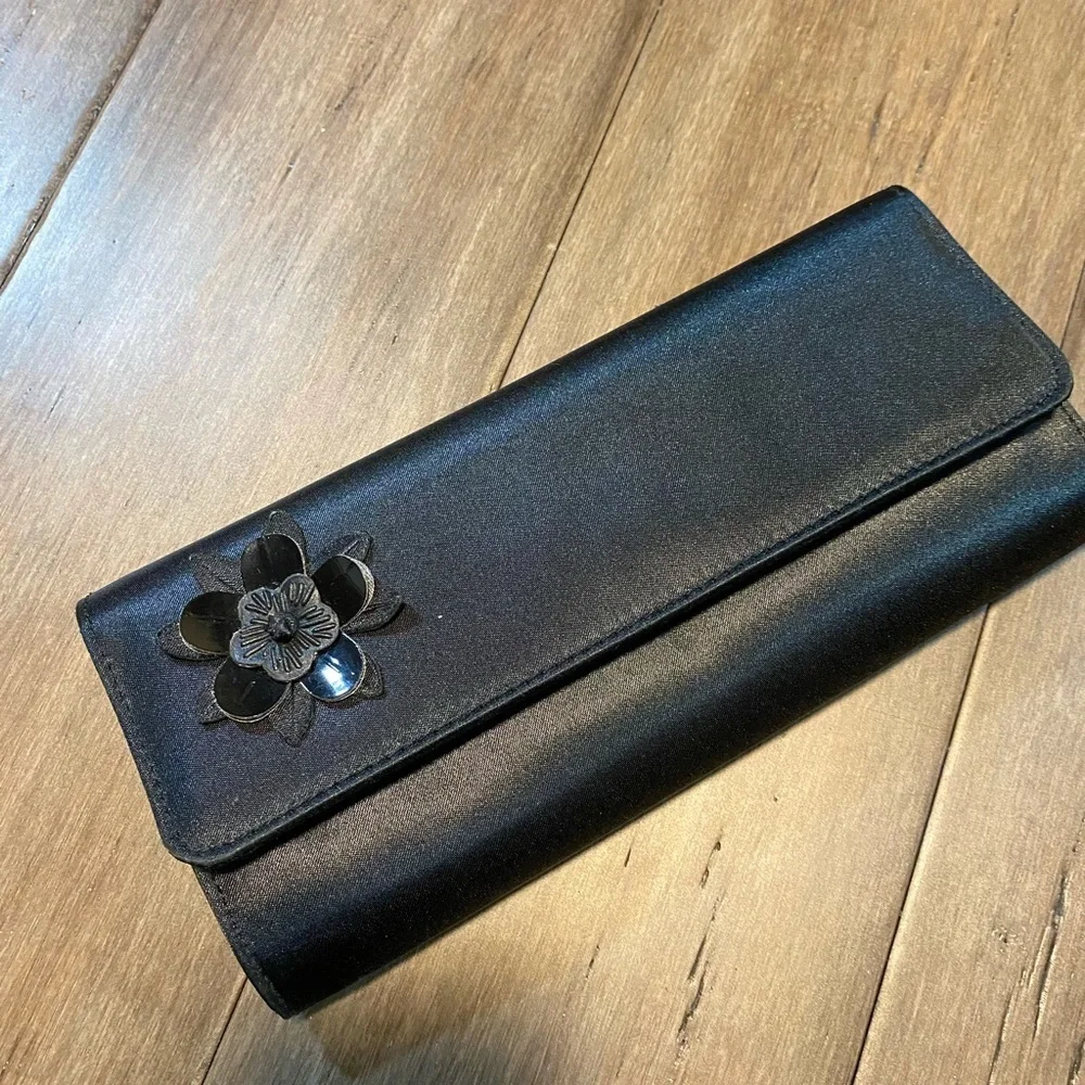 Vintage hand bag clutch and wallet‎ set black with flower